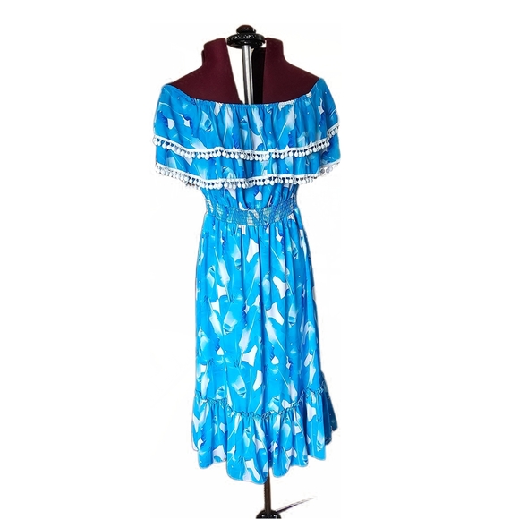 Red Dress Boutique Palms Away Blue Patterned Off-Shoulder Ruffle Midi Dress - Picture 2 of 14